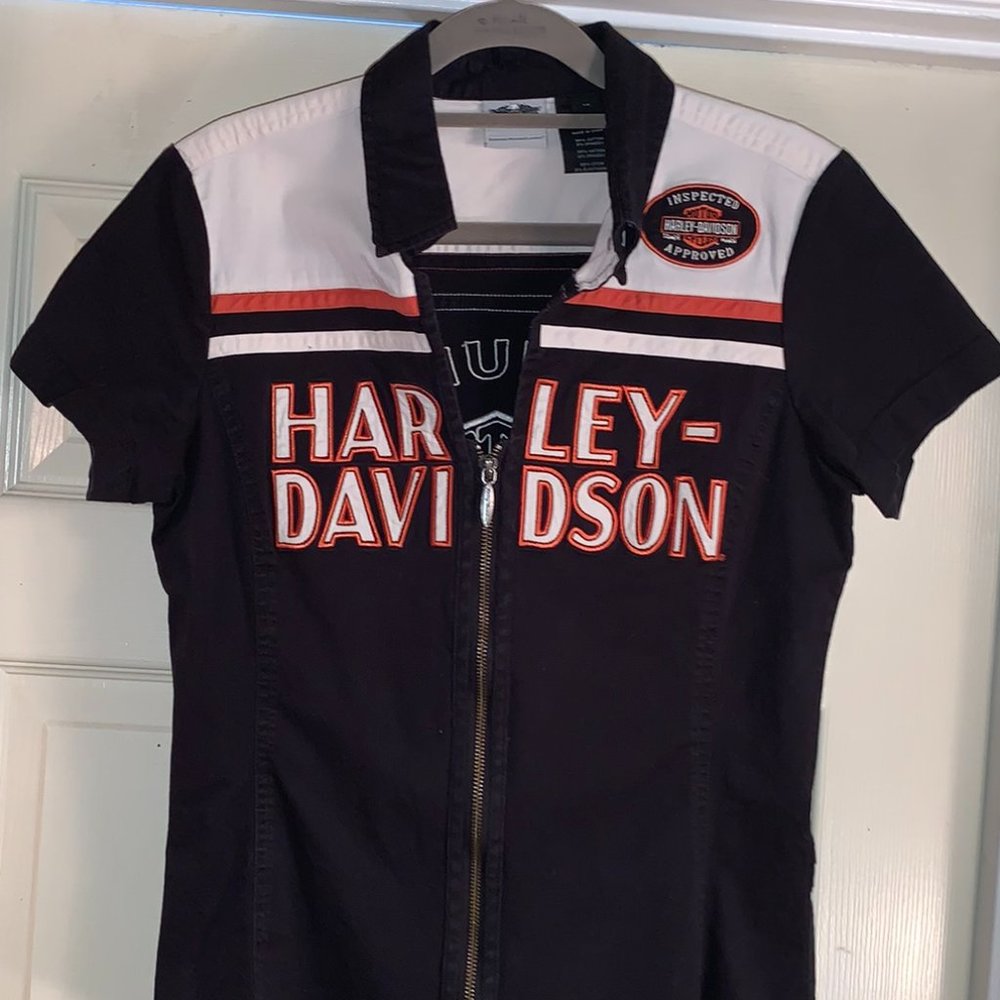 MED Short Sleeve Zip Up Front Harley Davidson AWESOME Top Slight Stretch